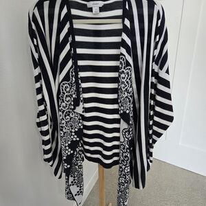 CJ Banks Black and White Striped Cardigan with Lace Detail